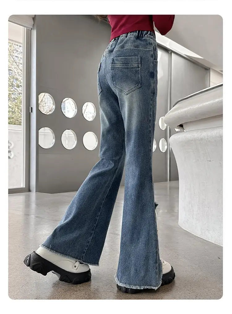 New Junior Girls Denim Pants Ins Bow Patchwork Children Girls Flared Pant Loose Elastic Waist Casual 4-14Y School Girls Trousers