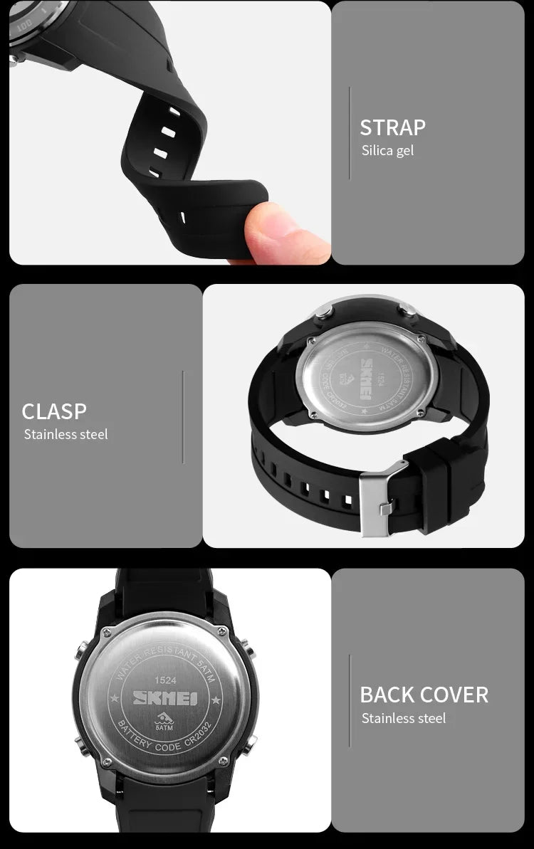 SKMEI 1524 2 Time LED Digital Wristwatches For Mens Waterproof Chrono Count Down Male Hour montre homme Big Dial Sport Men Watch