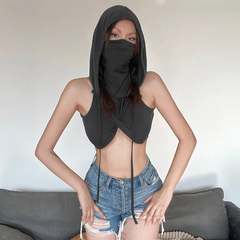 Summer Fashion Trend Solid Colour Y2k Tops New Casual Hooded Lace-Up Crop Top Sexy Slim High Neck Sleeveless Women Clothing