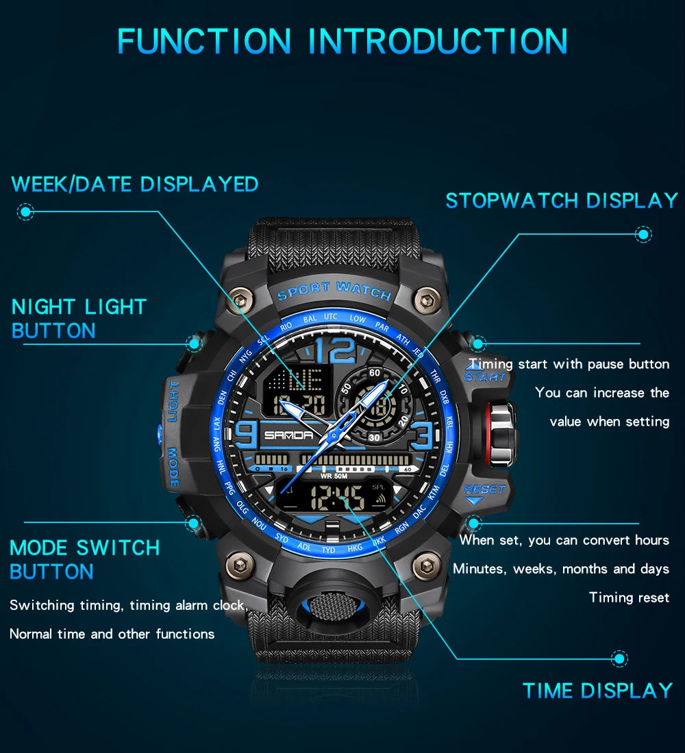 SANDA 3133 Digital Watch Men Military Sport Stopwatch Quartz Wristwatch Top Brand Luxury LED Waterproof Male Electronic Clock