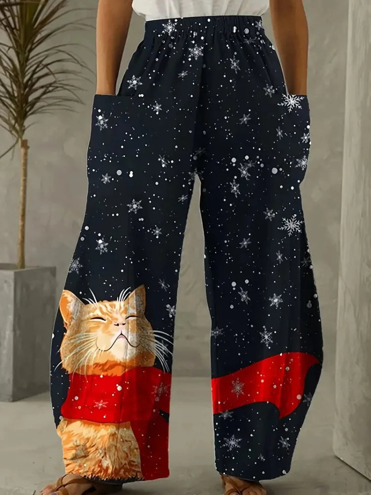 Loose Vintage Pants For Women Have Pocket Pants Cartoon New Fun Cat Animal Print Casual Women's Bloomers And Trendy Pants