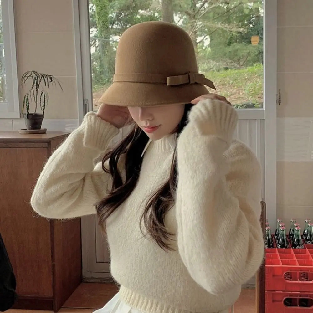 Retro Hepburnesque Felt Formal Hat Wealthy Heiress Style British Style Bowknot Bucket Hat Panama Cap Autumn