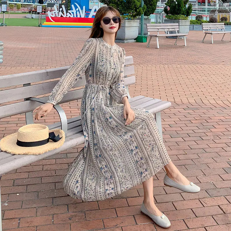 Retro Dress Spring Summer Long Sleeve Floral Chiffon High Waist Court Over Knee Popular Inside Women's Dress 2022Vestidos Office