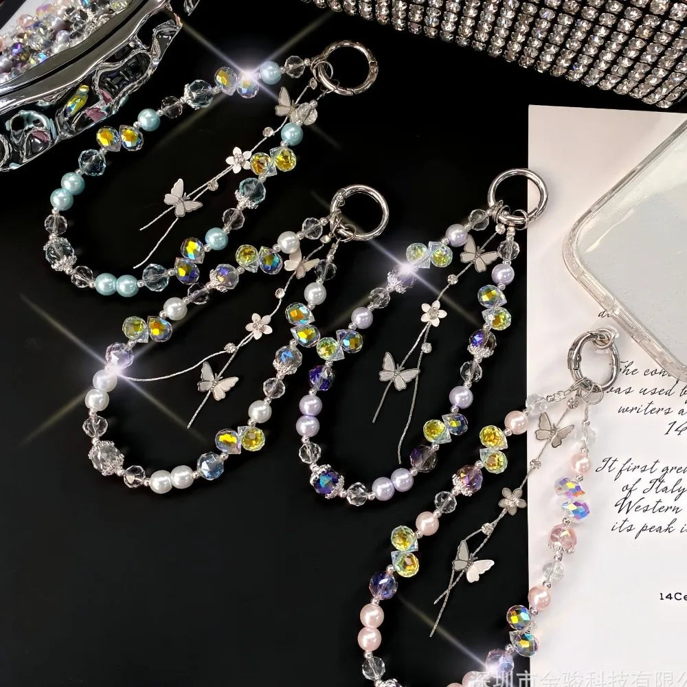 Luxury Sparkle Butterfly Rhinestone Bead Phone Bracelet Strap Charm Chain Knot Cellphone Lanyard Keychain Bag Camera Keychain Pe