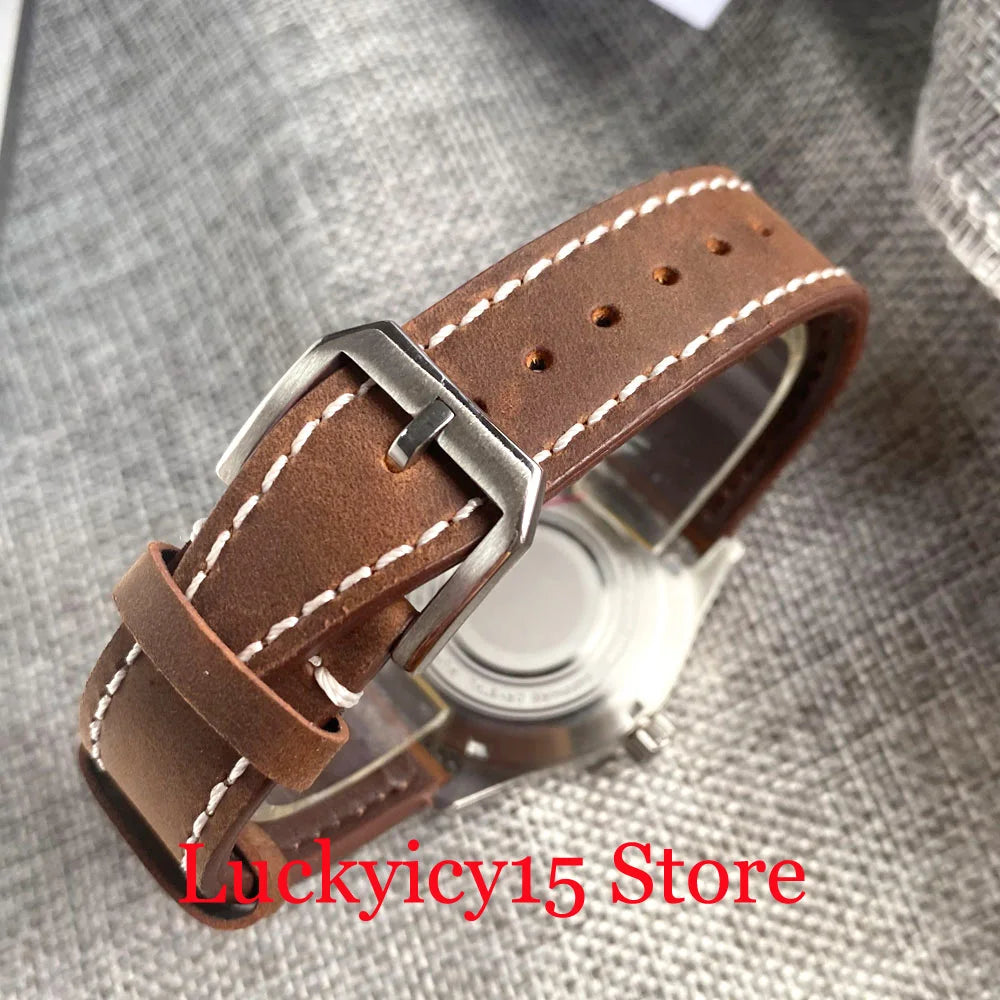 Tandorio Automatic Pilot Watch 39MM 20ATM NH35/PT5000 Movement Wristwatch Leather Strap Sapphire Green Lume Vintage Black Dial