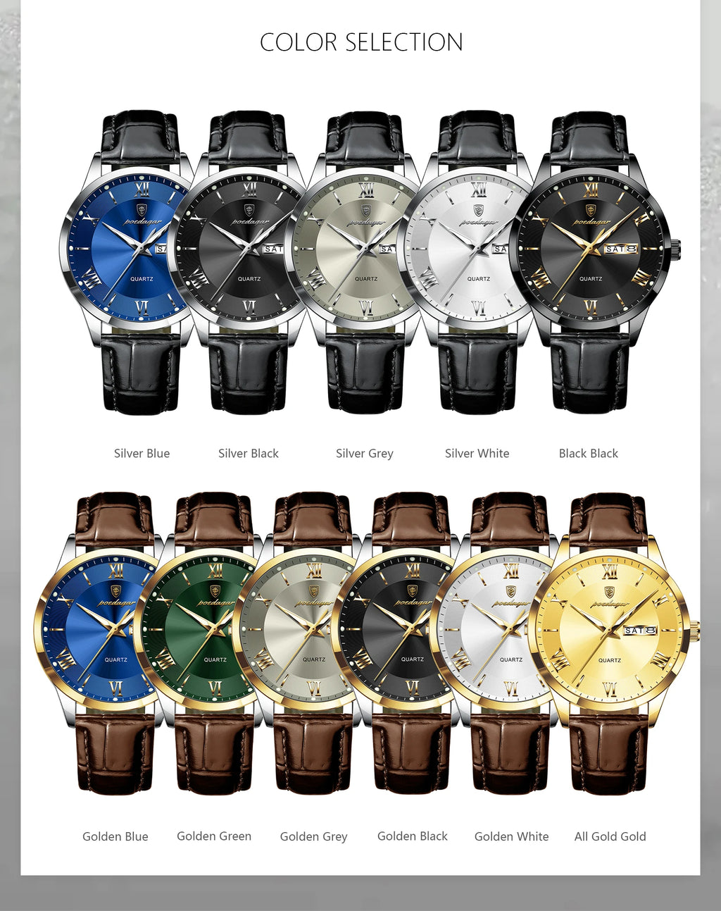 POEDAGAR Classic Luxury Men's Wristwatch Date Week Leather Business Man Watch Waterproof Luminous Fashion Quartz Watches For Men