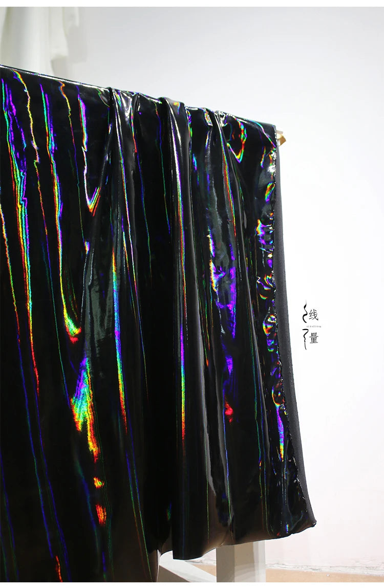 Black Iridescent Synthetic Leather Fabric Technology Oriented Micro Elastic TPU Fabrics Clothing Designer Cloth for Diy Sewing