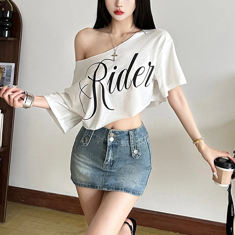 SylCue Letter Print Oversized T-shirt Women Skew Collar Short Sleeves Off Shoulders Irregular Hem Hip-hop Style Trend Crop Tops