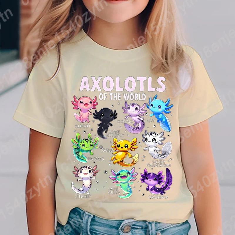 Colorful Cartoon Axolotls Graphic Print Tee, Girls' Casual & Comfy Crew Neck Short Sleeve T-shirt For Spring & Summer