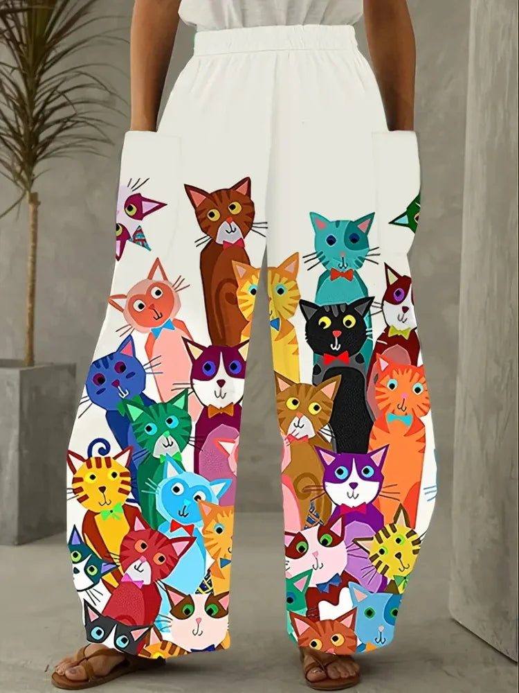 Loose Vintage Pants For Women Have Pocket Pants Cartoon New Fun Cat Animal Print Casual Women's Bloomers And Trendy Pants