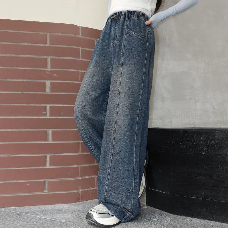 Teenager Girl Blue Jeans Fashion Retro Straight Leg Children Trousers Youth Lady Baggy Vintage Wash Casual Denim Pants Age 8-16Y