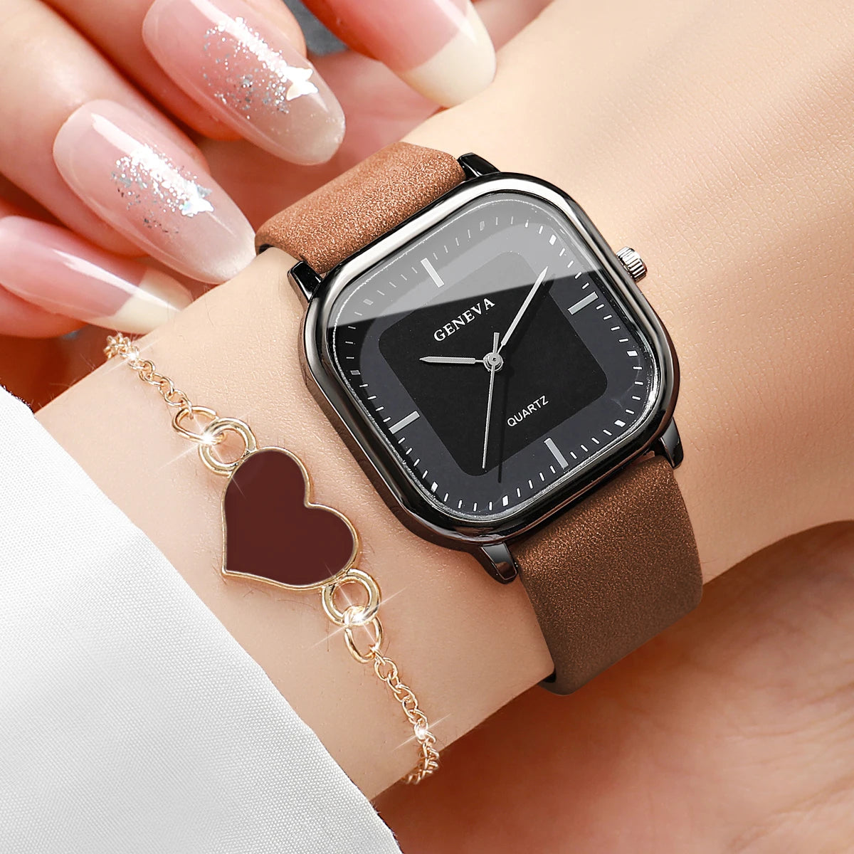2PCS/Set Fashion Square Women Quartz Watch Ladies Leather Strap Wristwatch With Heart Bracelet Reloj Mujer (Without Box)