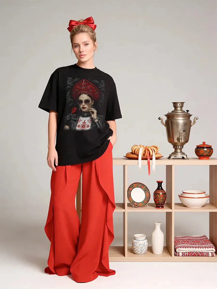 "Russian Girl" Graphic Oversized T-Shirt Modern Folk Art Print Soft Cotton Casual Tee Fashion Streetwear High Quality Summer Top