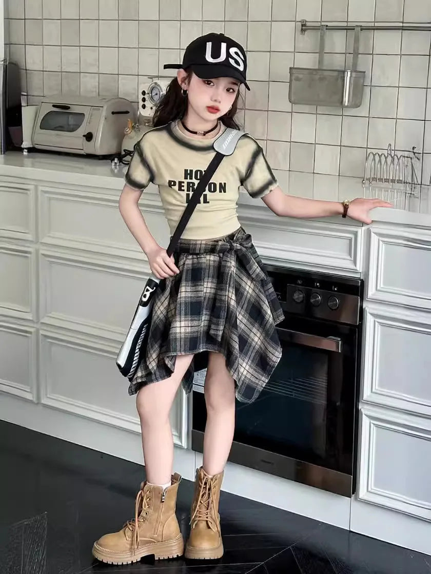 junior Girls Summer skirt Set 2024 Fashion Cotton Short t-shirt Irregular plaid Skirt Two Piece kids clothes suit child outfits