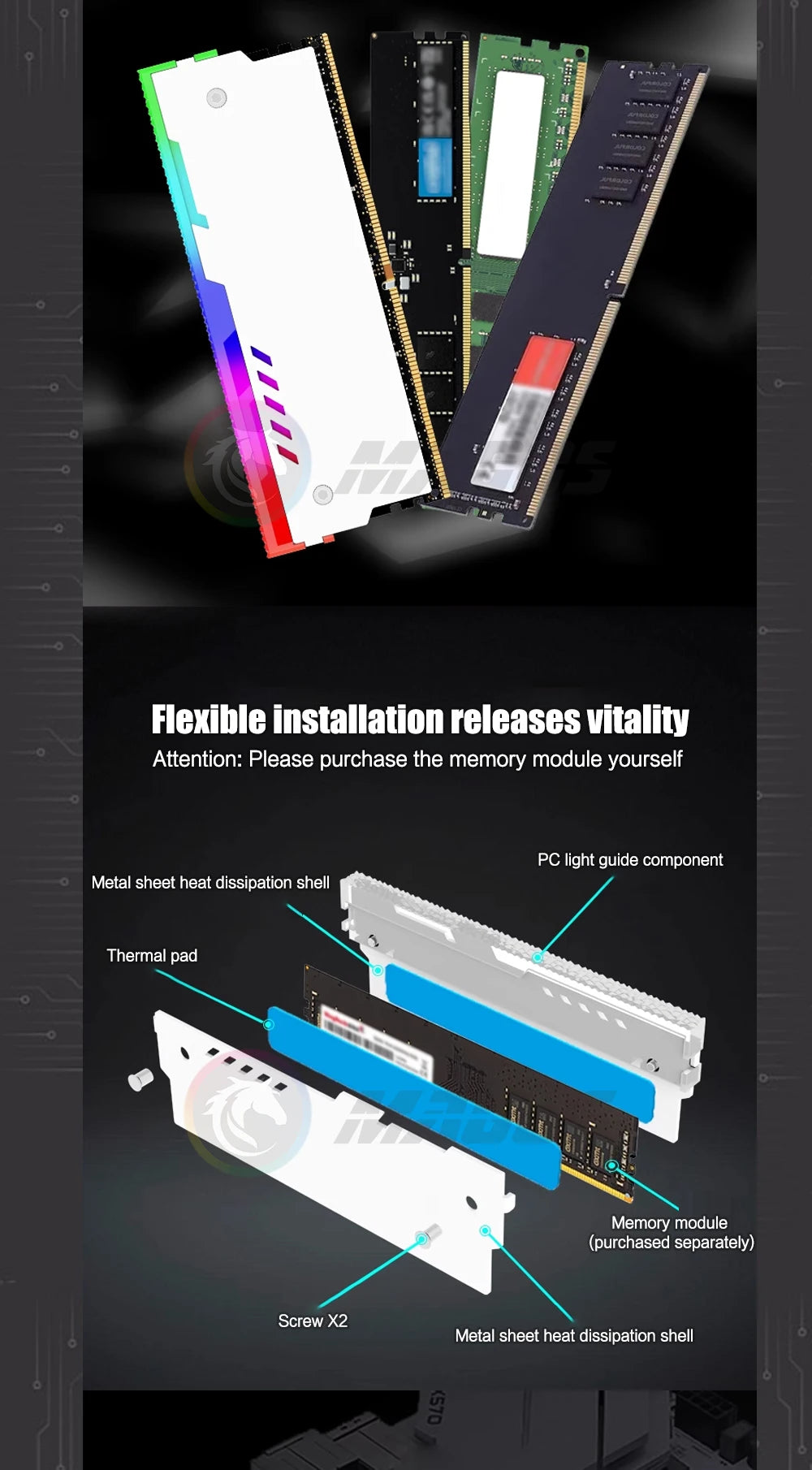 RAM Shell Radiator RGB DDR4 DDR3 Universal Heatsink Memory Vest ARGB 5V AURA Addressable Black White 1/2 Pcs Pack