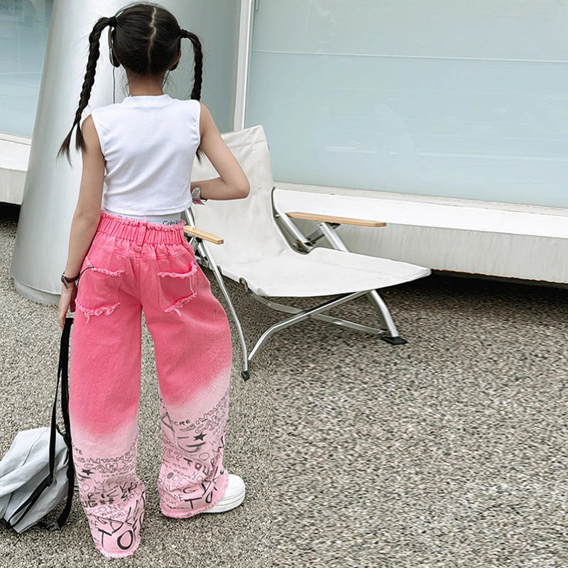 junior girls pink gradient color hole wide leg jeans cotton teenager kids Mop pants pant children trousers adolecentes 4 12 14