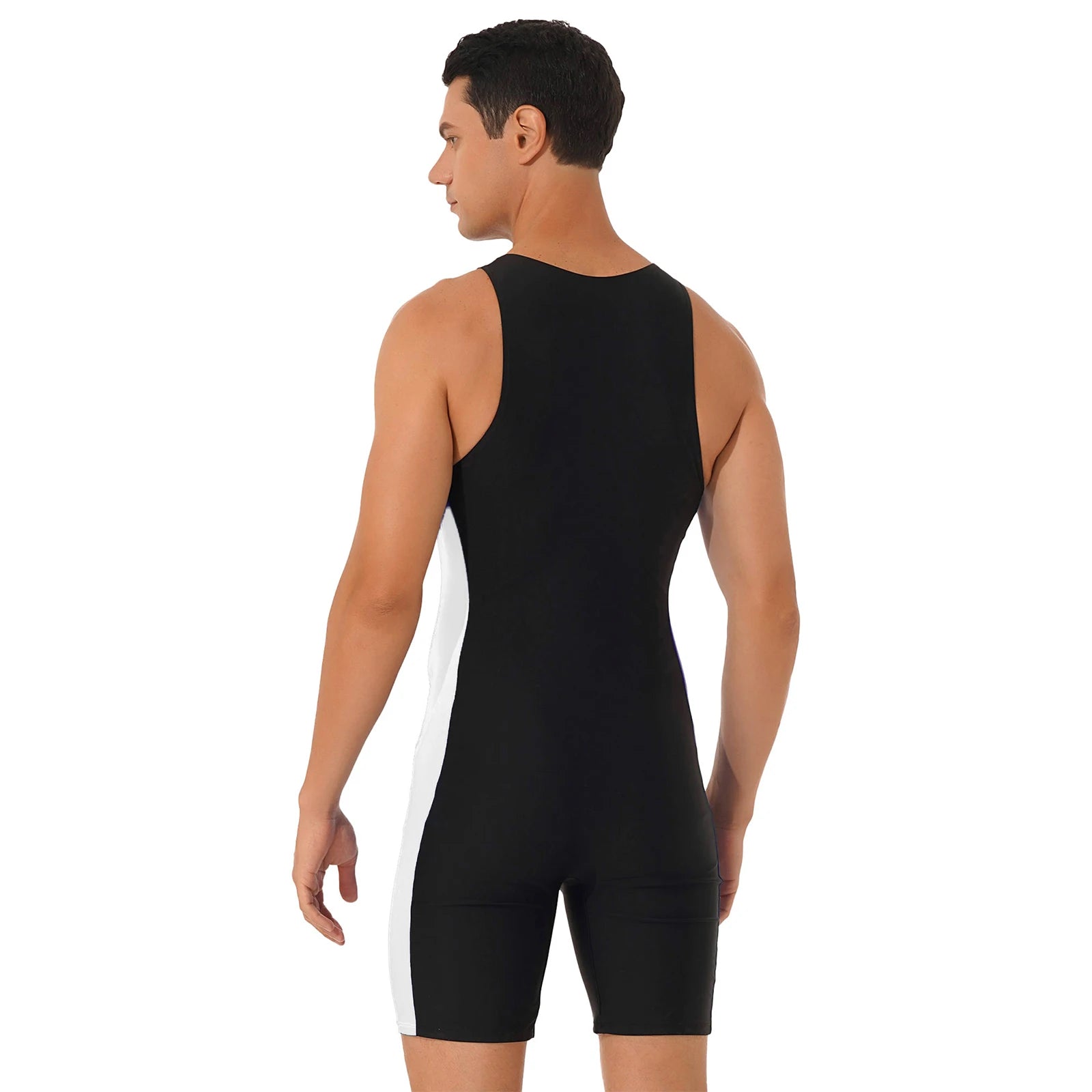 Mens Swimwear One-piece Wetsuit Swimming Bathing Suit Round Neck Sleeveless Side Shorts Bodysuit Triathlon Front Zipper Swimsuit