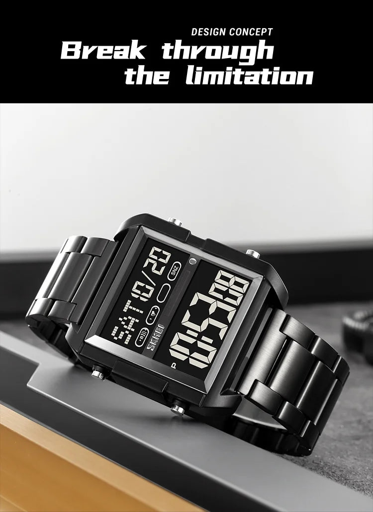 Skmei Luxury Brand Steel Strap Digital Watches for Mens Dual Time Zone Waterproof LED Chronograph Fashion Date Week Alarm Clock