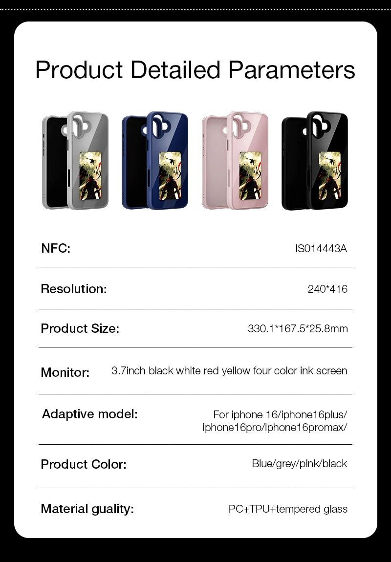 DIY Smart Eink Phone Case for iPhone 16 15 14 13 12 11 Pro Max NFC Ink Screen Phone Full Coverage Comprehensive Protection
