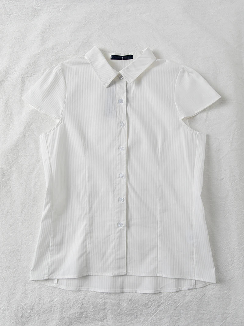 Back Lace-up White Blouse Women Peter Pan Collar Slim Short Sleeve Blouses Summer Casual Simple Sweet Chic Y2k Top Shirts Femme