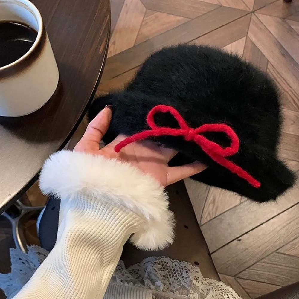 Top Hat Vintage Looking Black Bowler Hats Japanese Style Beret Woolen Bucket Cap Versatile Bow White Dome Hat Daily