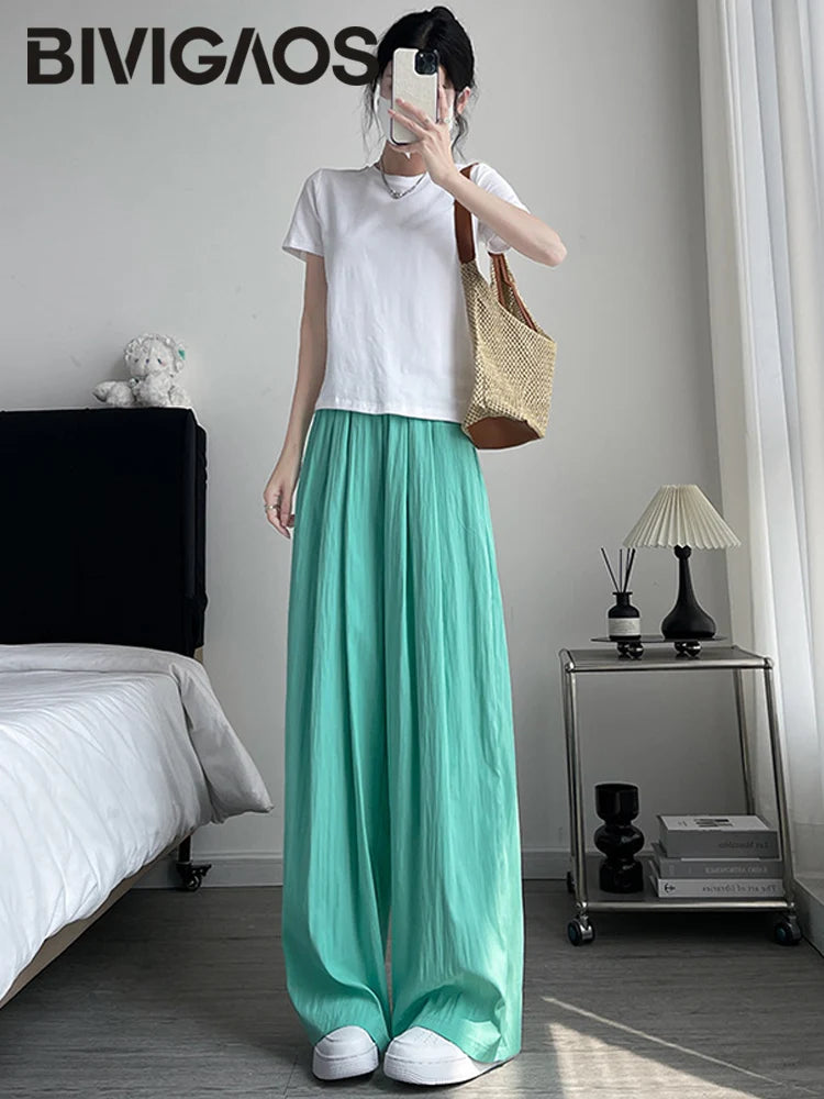 BIVIGAOS Lazy Style Loose Wide Leg Pants Women Summer Coloured Thin Casual Tide Straight Ice Silk Japanese Sunscreen Pants