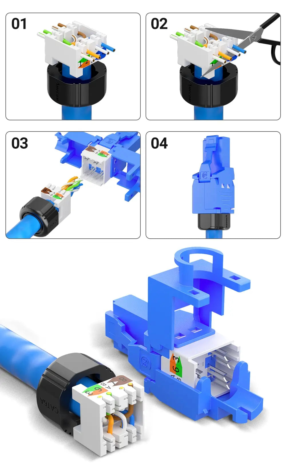 AMPCOM RJ45 Connectors Modular Plug, Cat6 Cat6A UTP Stecker Network Toolless Connector Ethernet Plugs Cable Internet Tools Free