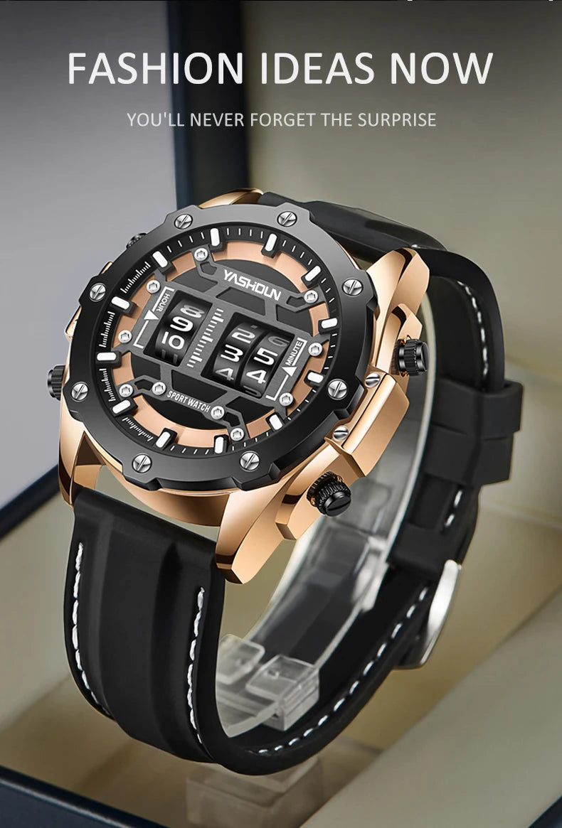 Men Quartz Watch Roller Digital Dial Design Silicone Strap Versatile Wristwatch Clock Waterproof Military Sports Clock