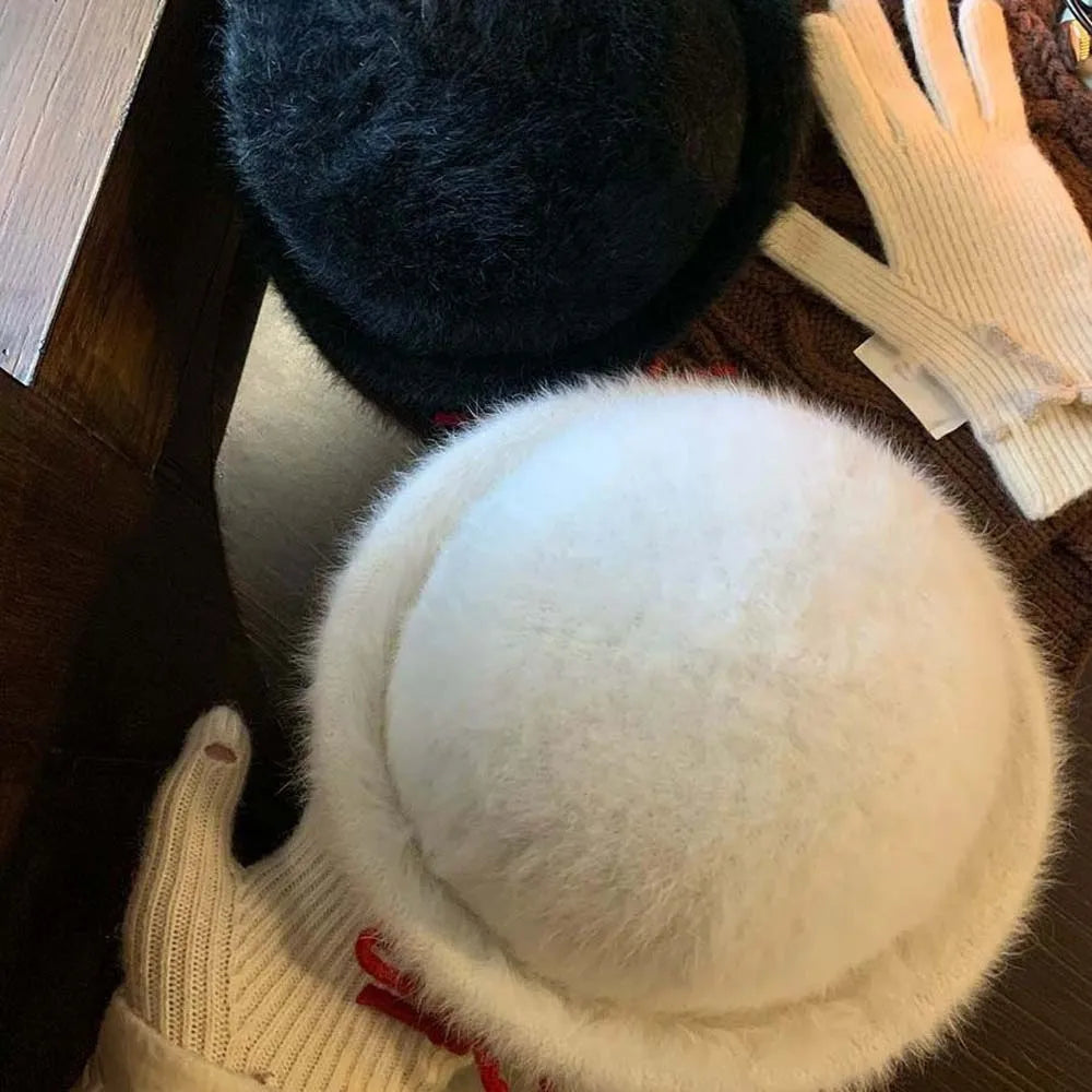 Top Hat Vintage Looking Black Bowler Hats Japanese Style Versatile Woolen Bucket Cap Plush Bow White Dome Hat Party