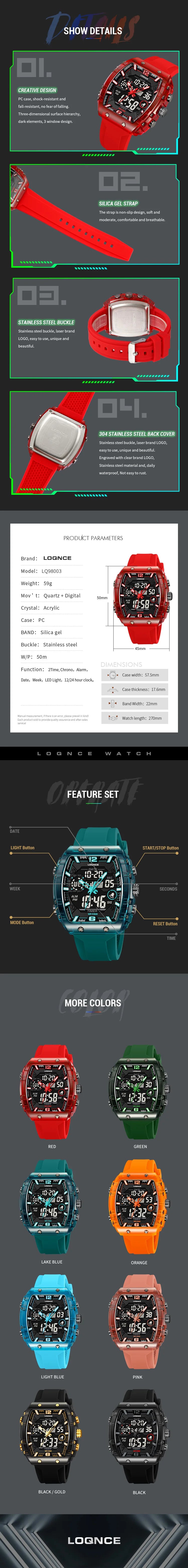 Fashion LOQNCE 98003 Men's Watch High Quality Analog-Digital Dual Movement Calendar Luminous 50M Waterproof Watch Silicone Band