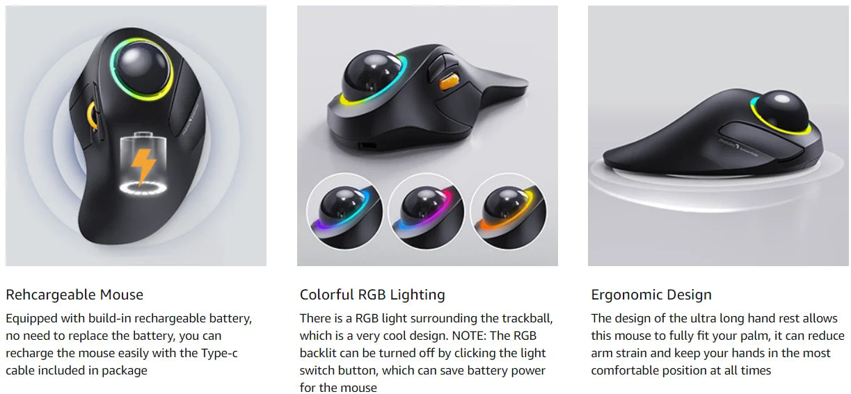 ProtoArc Wireless Index Finger Trackball Mouse Rechargeable RGB Rollerball BT 2.4g Mice for Computer Laptop 3 Device Connection