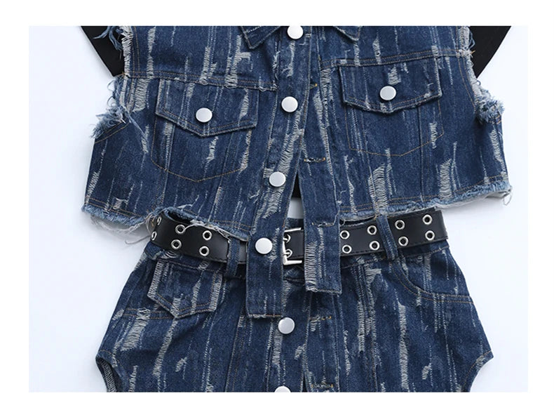 junior Girls Street Jazz Dance Set short denim vest jacket+Irregular skirt black top shorts belt teen girls clothes suit outfits