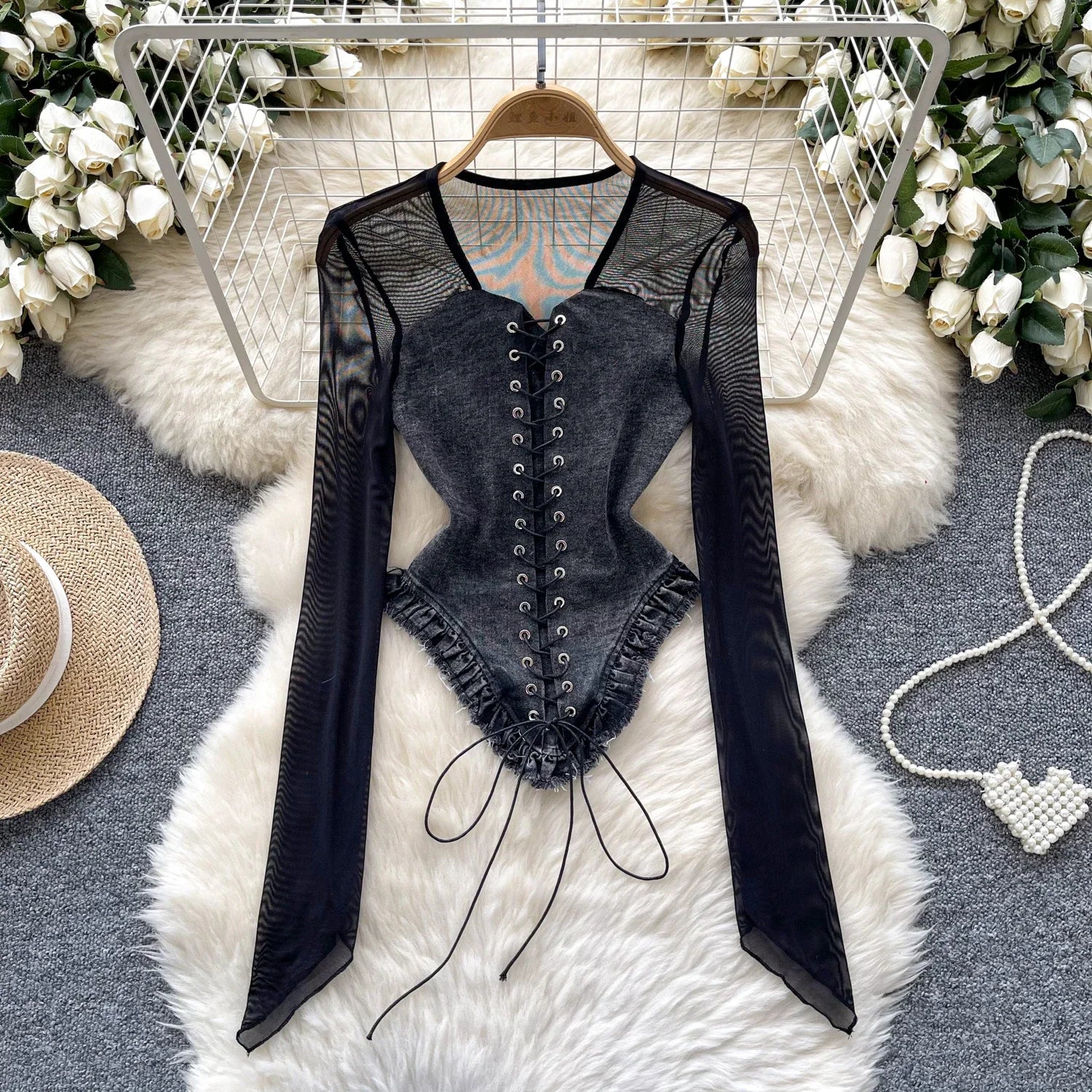 2025 New American Retro Patchwork Sexy Blouse Women Squre Neck Long Sleeves Sheer Top Streetwear Ins Lace Up Denim Shirt