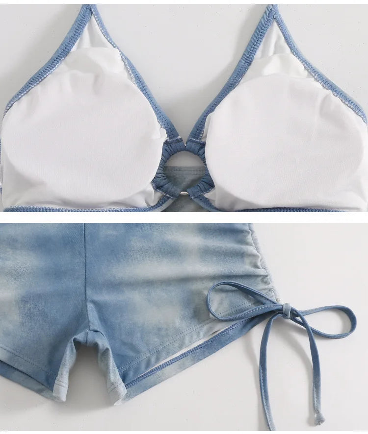Vacation American Sexy Tie Dye Blue Sports Split Flat Angle Bikini Cover Three Piece Set Hot Spring Vacation Swimsuit for Women