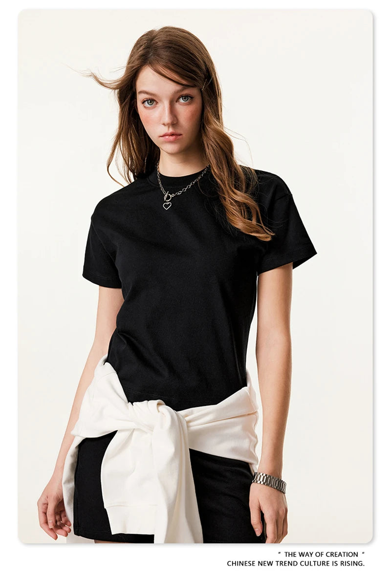 ZODF Women 2025 Spring 305gsm Cotton T-Shirts American Retro Hotsweet Girl Solid Comfortable T Shirt Brand Tees HY0968