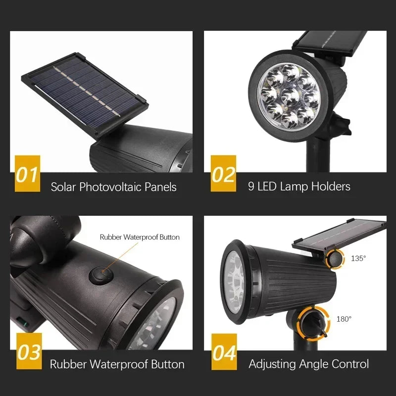 Solar LED Light 9 LED highlighted Spotlights,Outdoor IP65 Waterproof Lights,Brightness Adjustable for Garden Backyard Driveway