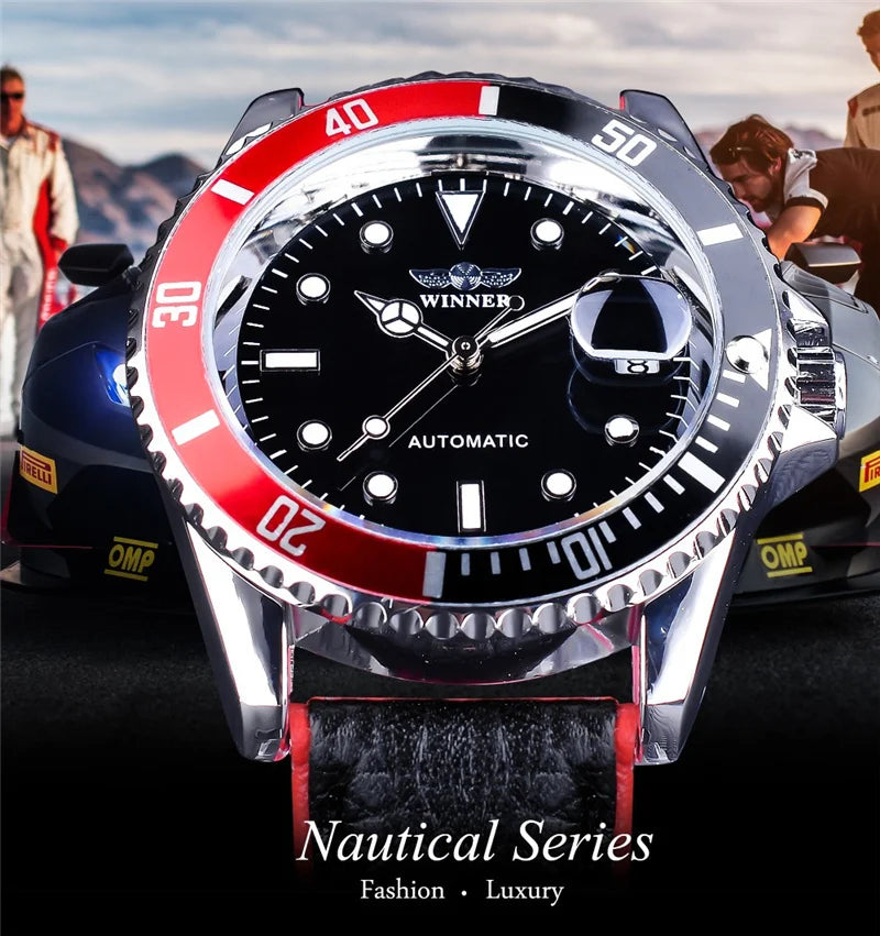 WINNER 002 Fashion Men's Mechanical Watch Luxury Style Calendar Night Light Business Black White Classic Men's Automatic Watch