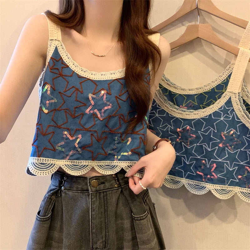 Star Embroidered Crochet Tank Top for Women Sleeveless Crop Camis Teen-girl Bohemian Spring Summer 2026 Festival Outfit