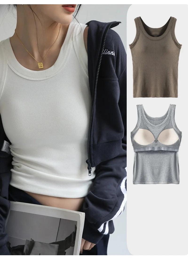 Women Thread Tank Tops With Built In Bra Padding Summer 2025 Trend Solid Outerwear Camisole Stretch Sleeveless White Tops Women