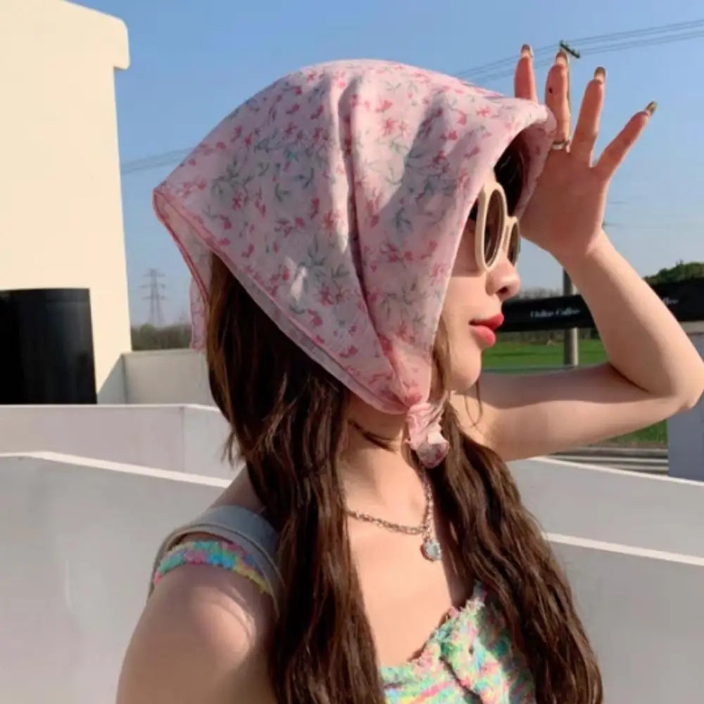 Sunscreen Head Scarf Cotton Linen Square Scarf Women Floral Peach Neck Scarf Fashion Decorative Neckerchief Hairband 58*58cm