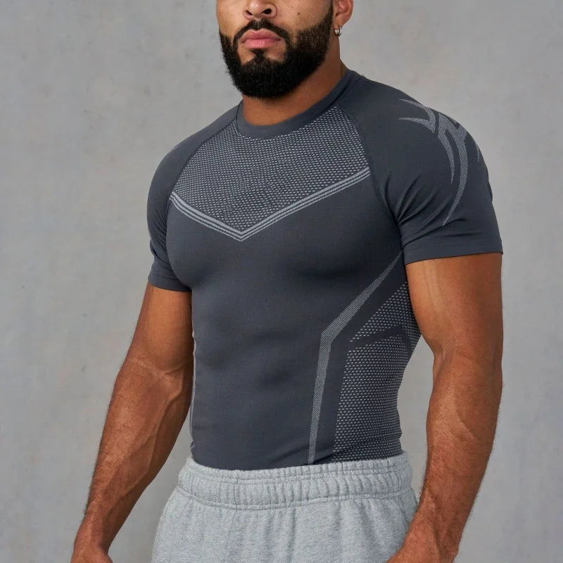 Men's Gothic Style High Elastic Quick Dry Seamless Slim Fit Training T-Shirt Short Sleeve Fitness Clothing for Sports