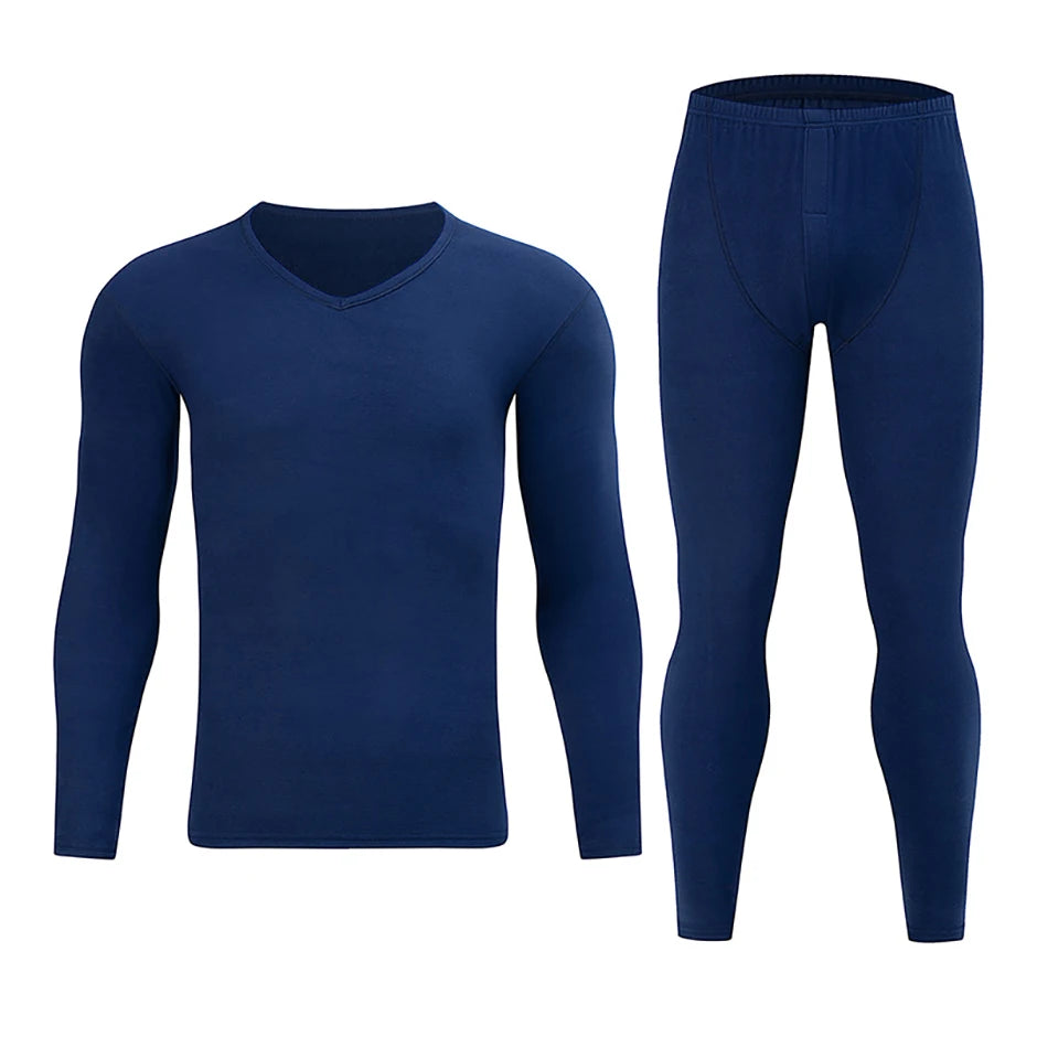 2-piece Men's Autumn And Winter Solid Color Casual V-neck Basic Warm Underwear Set Comfortable Sports And Fitness Base Shirt