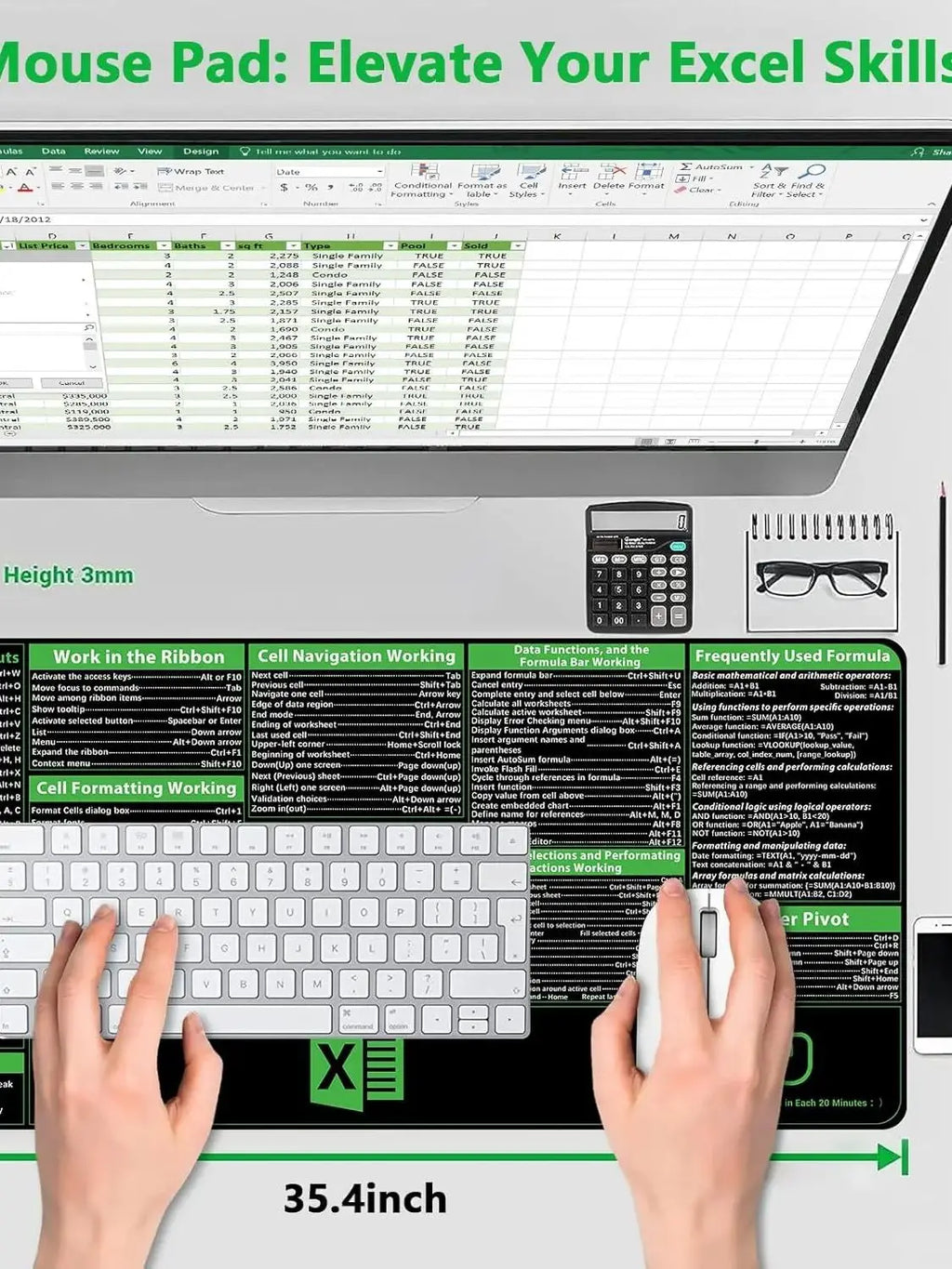 Excel Cheat Sheet Desk Pad, Excel Shortcuts Mousepad Stitched Edges, Non-Slip Base Keyboard Mats, XXL Mouse Pads for Desk Mat
