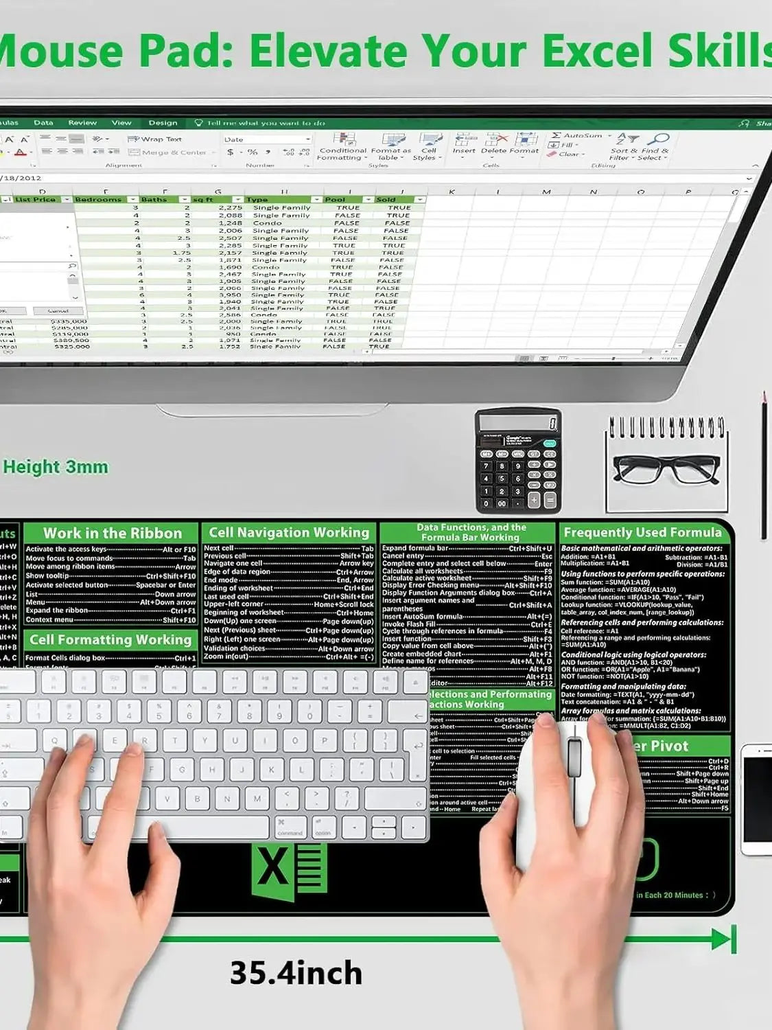 Excel Cheat Sheet Desk Pad, Excel Shortcuts Mousepad Stitched Edges, Non-Slip Base Keyboard Mats, XXL Mouse Pads for Desk Mat