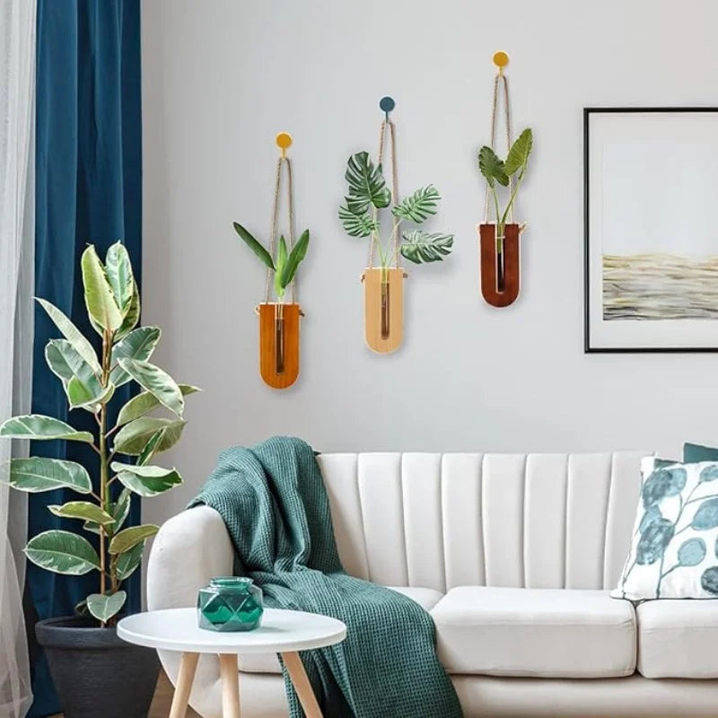 Wooden Hanging Planters Bohemia Wall Plant Propagation Terrarium Flower Tube Vase with Wood Stand, Indoor Propagator for Plants
