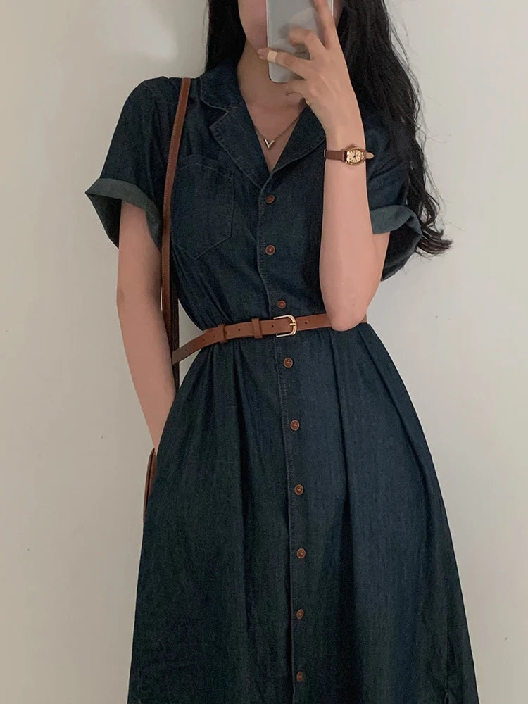 Slimming Chic Retro Chic Long Dr with Belt High Waist A-Line Skirt ort Sve Korean Sle Commute Dr Denim Dr