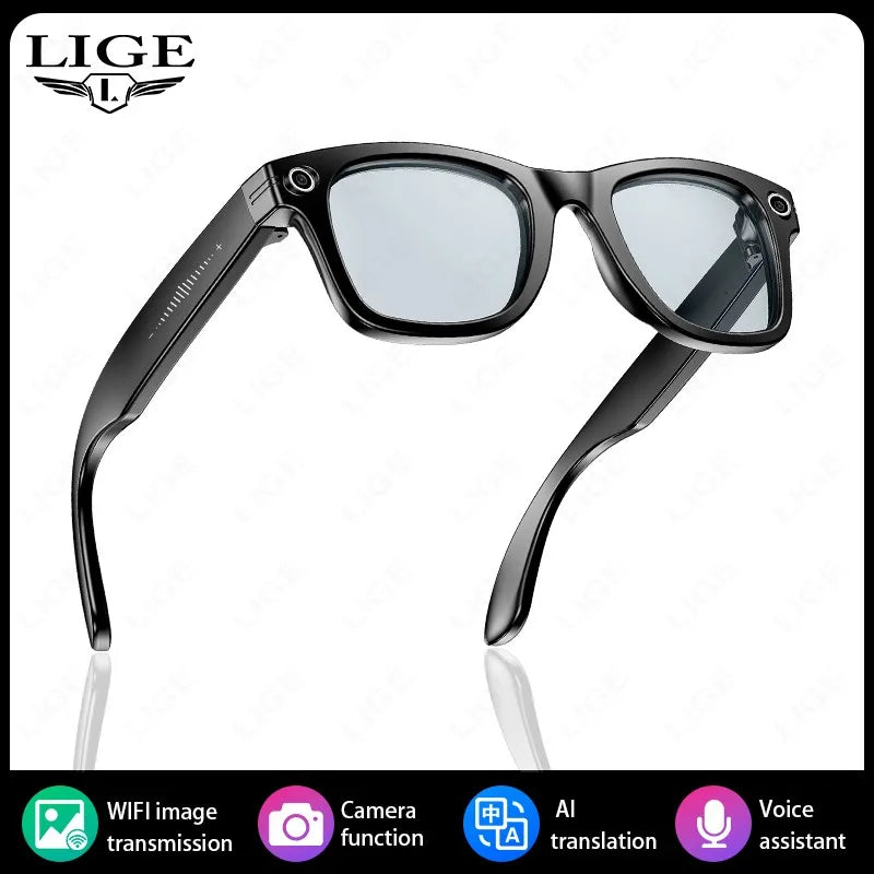 LIGE AI Smart Glasses 8MP Camera Video Recording Translator Sunglasses Men Women Bluetooth Call Music Play Color-Changing Lenses