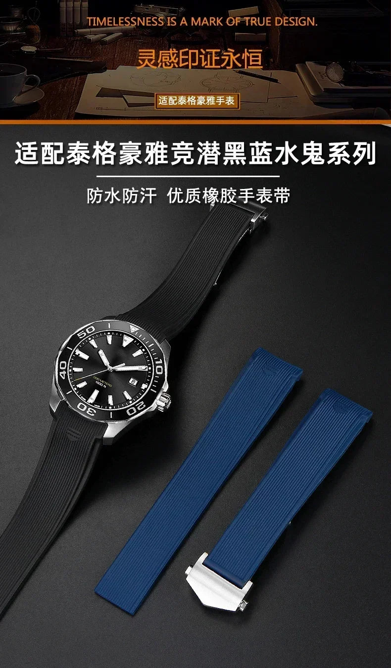 Silicone Watch Straps For Tag Heuer CARRERA AQUARACER 300 WAY201A WAY211C Rubber Black Blue Watch Accessories Band 22mm