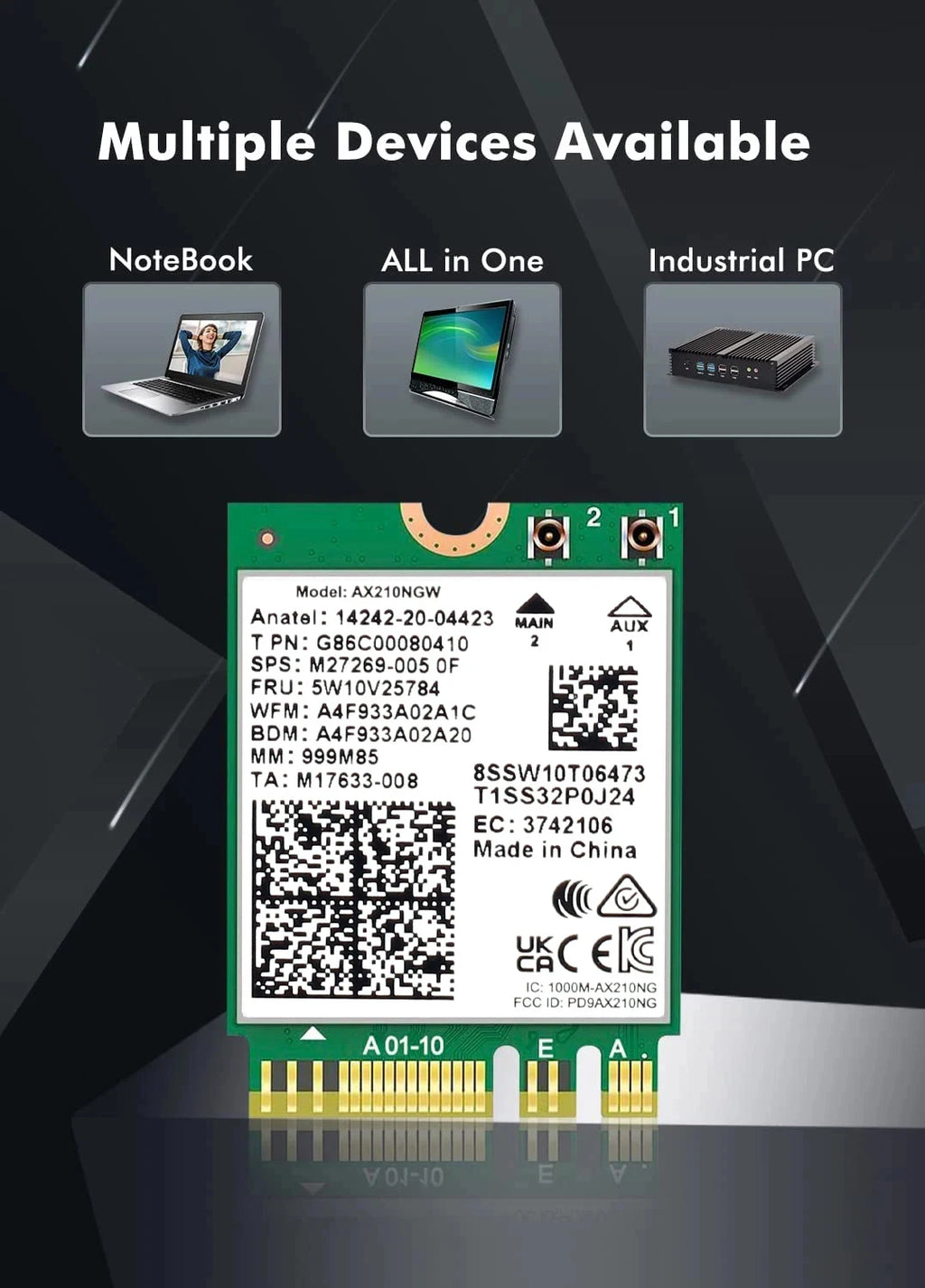 WiFi 6E AX210 Wireless Card 5374Mbps BT5.3 Tri-Band 2.4GHz/5GHz/6GHz 802.11ax High-Speed Network Adapter AX210NGW Fow Win10/11