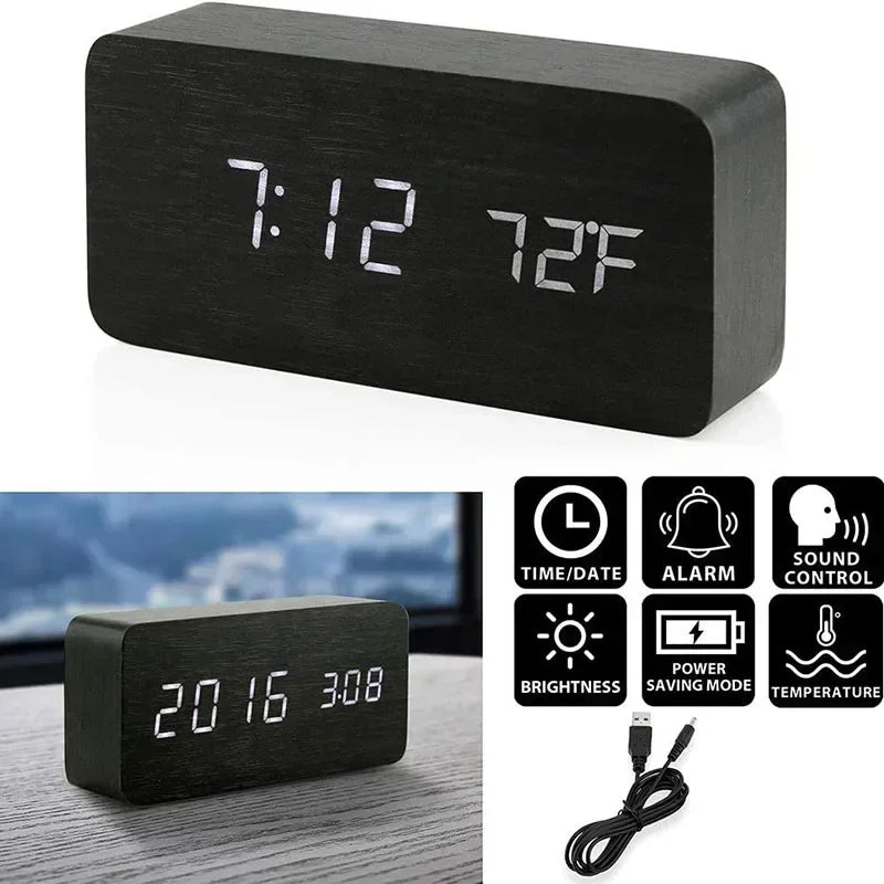 Digital Alarm Clock Wooden LED Table Clock with Temperature for Bedroom Office Travel Desk Decorations